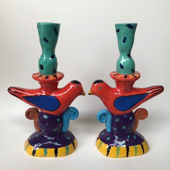 Pair of Garson-Pakele Ceramic Bird Candlesticks